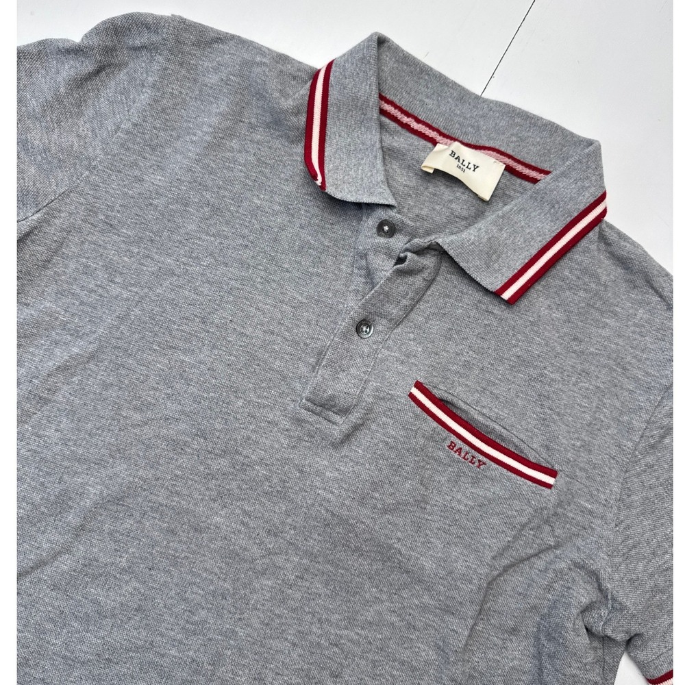 Bally 1851 Grey Cotton Pique Polo Shirt Red Stripe Trim Mother of Pearl Buttons